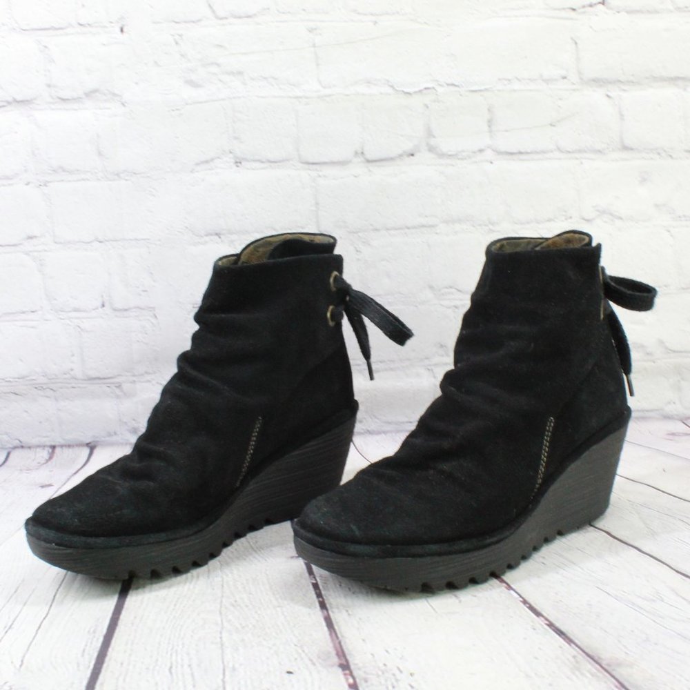 FLY London Yama Black Suede Wedge Ankle Bootie Boot Size 40 US 10 - Picture 2 of 9